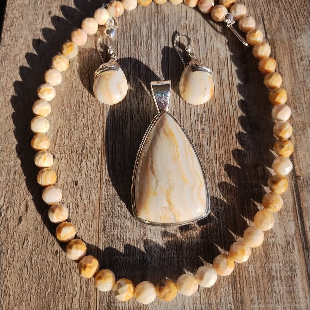 Jay King DTR mine finds Stripped Agate Necklace Pendant Earrings set 925 NIB  Ab